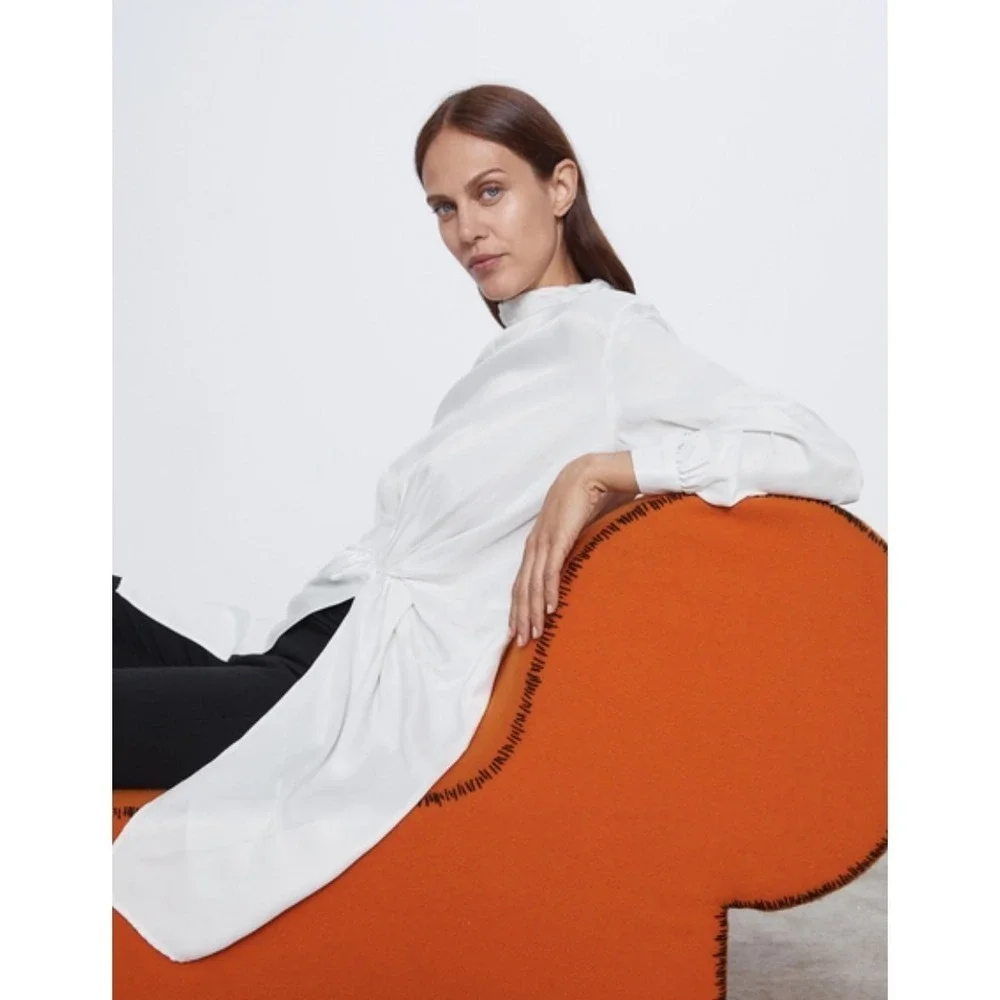 Zara Dress Women Small White Knot Front Long Sleeve Tunic Mock Neck 1971/184/250